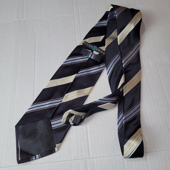 Via Vai Tie Men Silk Necktie Hand Made in Italy Black Blue/Yelllow Stripes - Picture 4 of 8